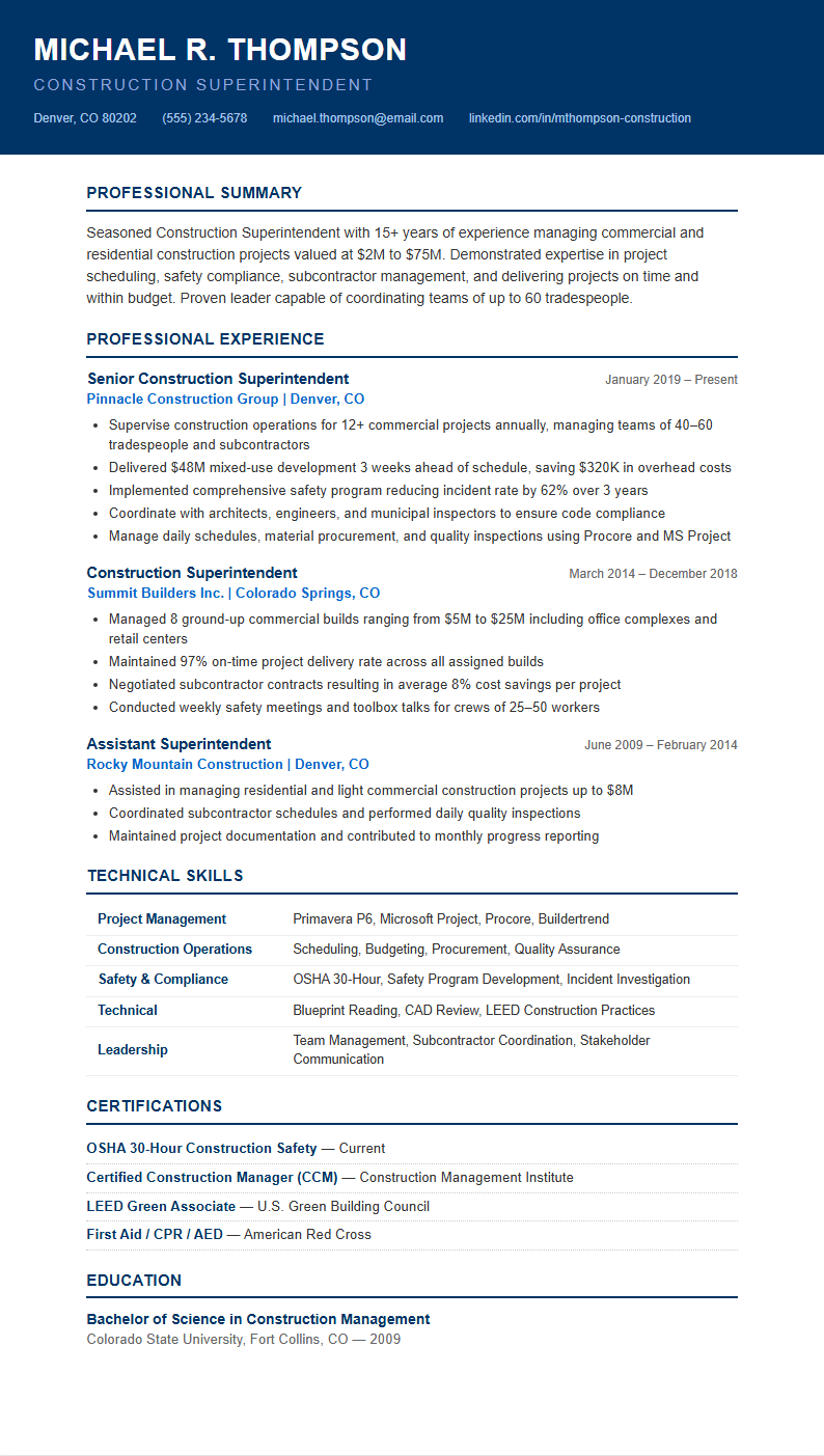 Corporate standard construction superintendent resume